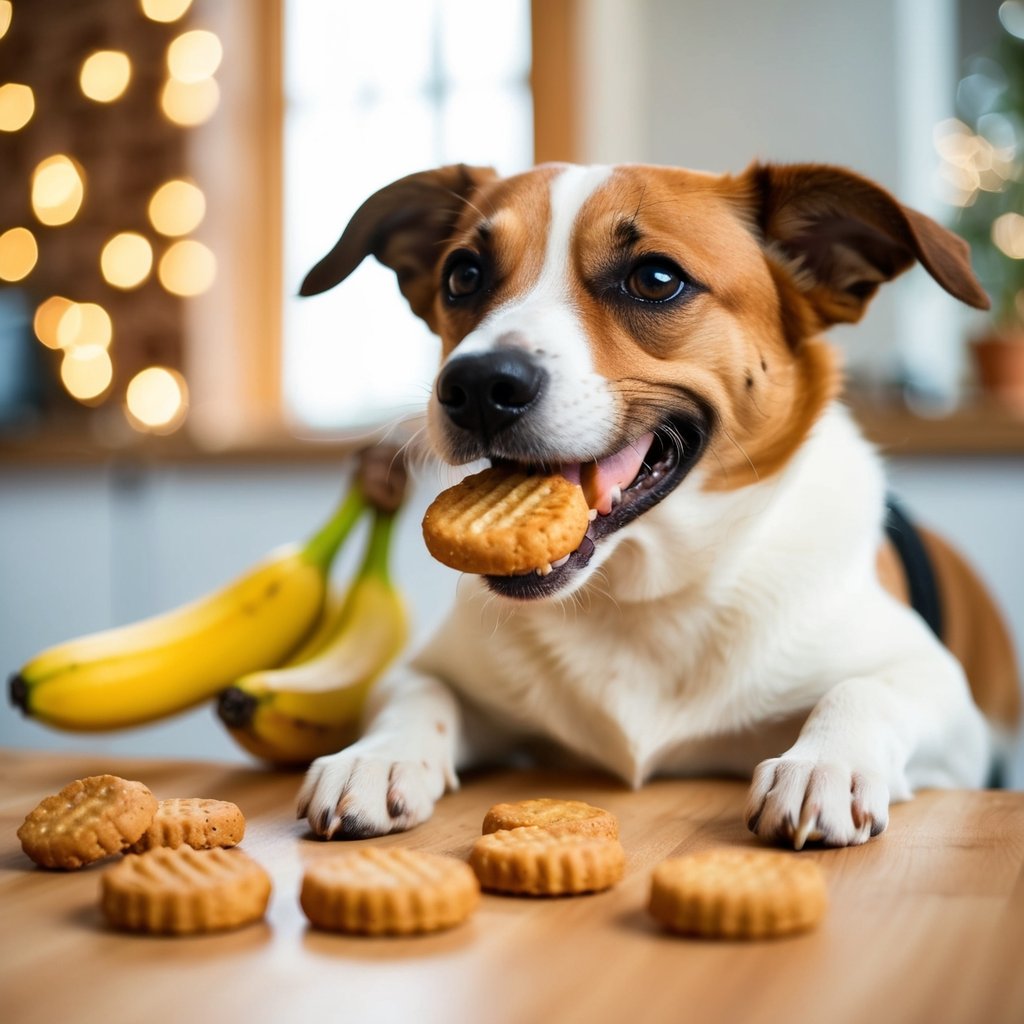 A happy dog eagerly munches on peanut butter and banana biscuits, tail wagging with delight