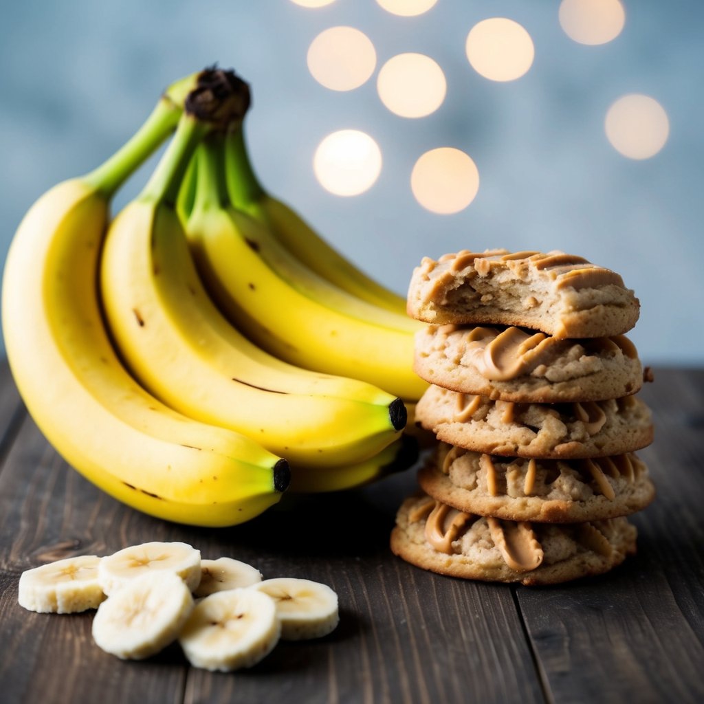 A bunch of ripe bananas next to a stack of homemade peanut butter and banana biscuits