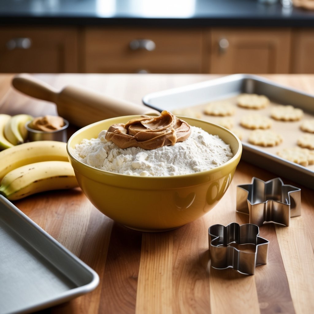 A wooden kitchen counter with a mixing bowl filled with flour, peanut butter, and bananas. A rolling pin, cookie cutters, and a baking sheet are nearby
