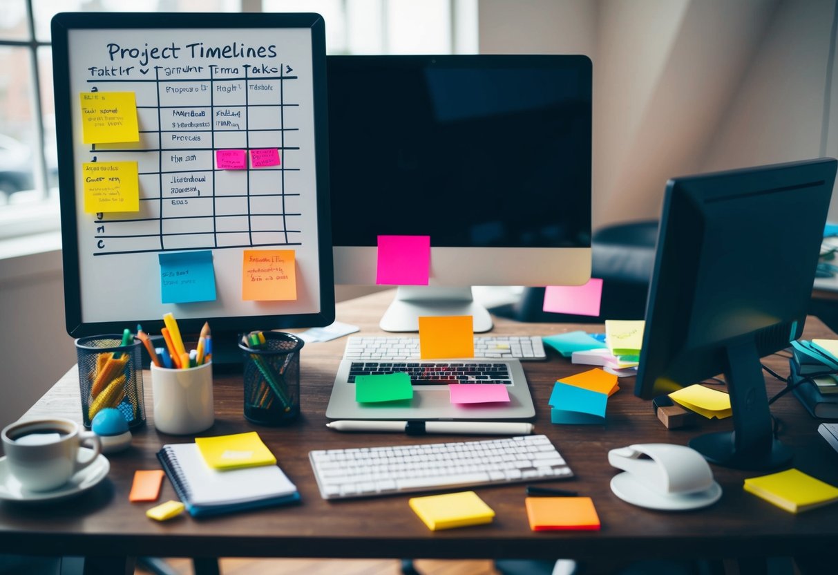 A cluttered desk with a computer, sticky notes, and a whiteboard filled with project timelines and tasks. A cup of coffee sits nearby