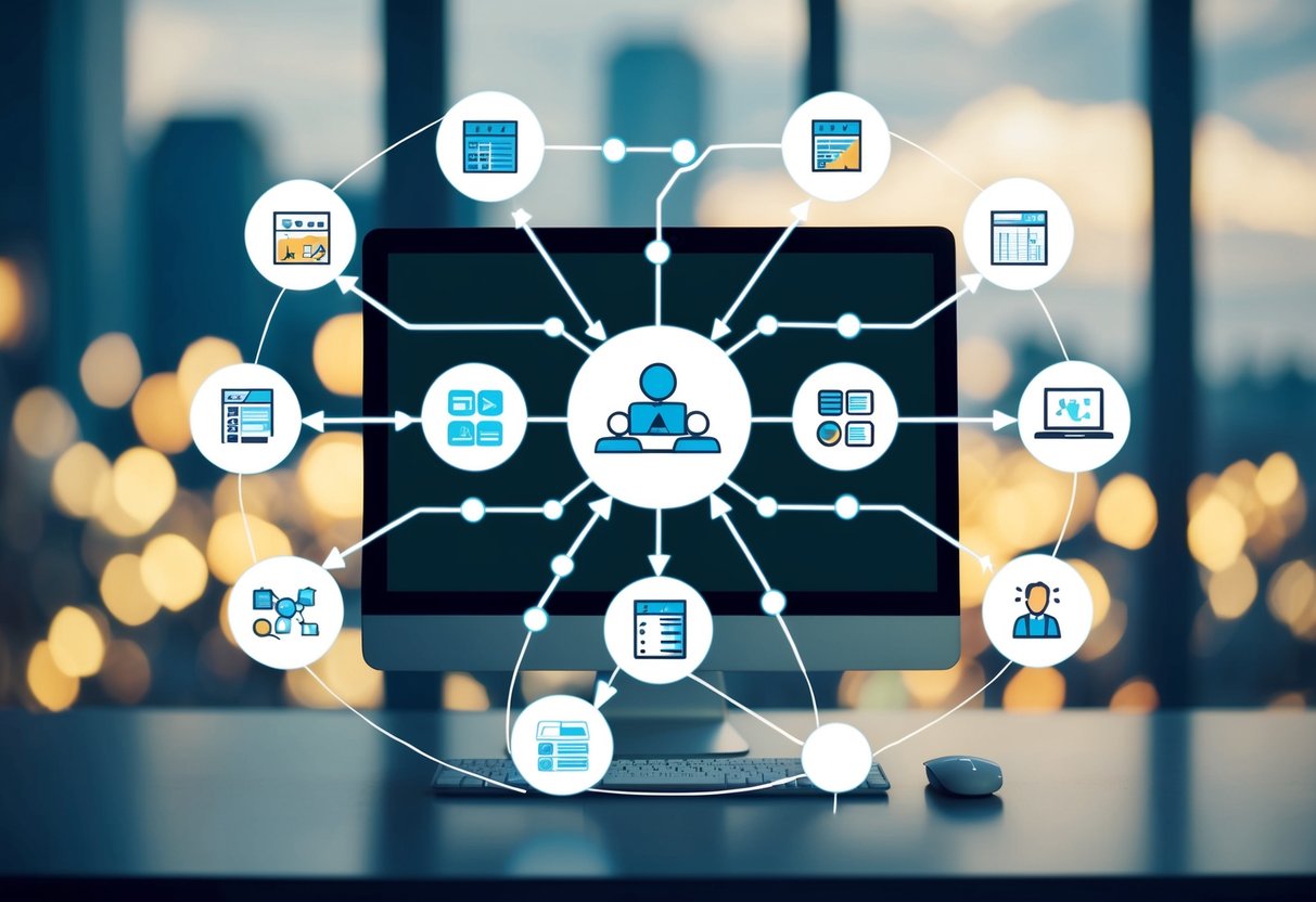 A computer with various interconnected icons representing different aspects of project management software, such as scheduling, task assignment, and budget tracking