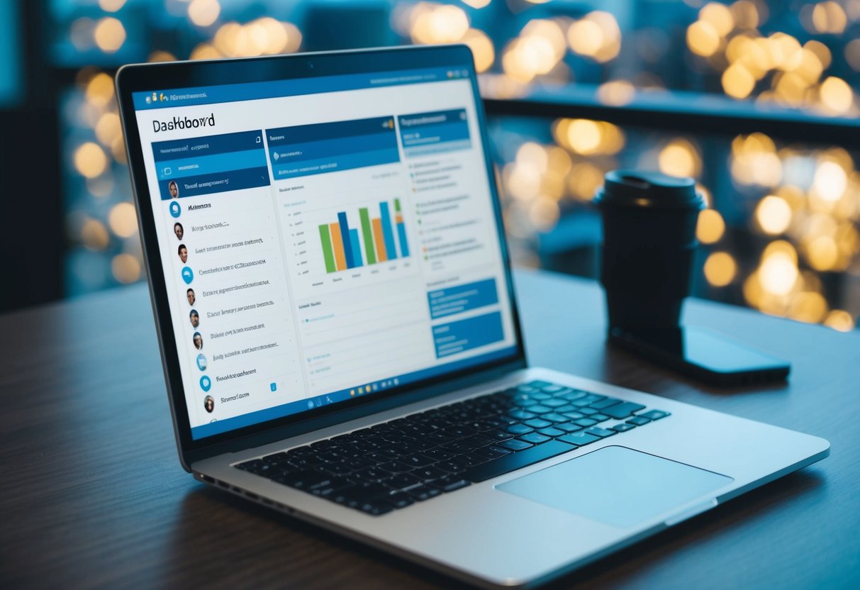 A laptop displaying a dashboard with task lists, Gantt charts, and team collaboration tools. A smartphone with push notifications sits next to it
