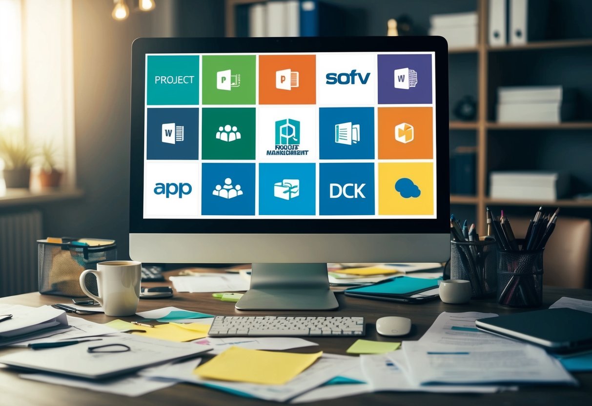A cluttered desk with a computer screen displaying various project management software logos, surrounded by scattered papers and office supplies