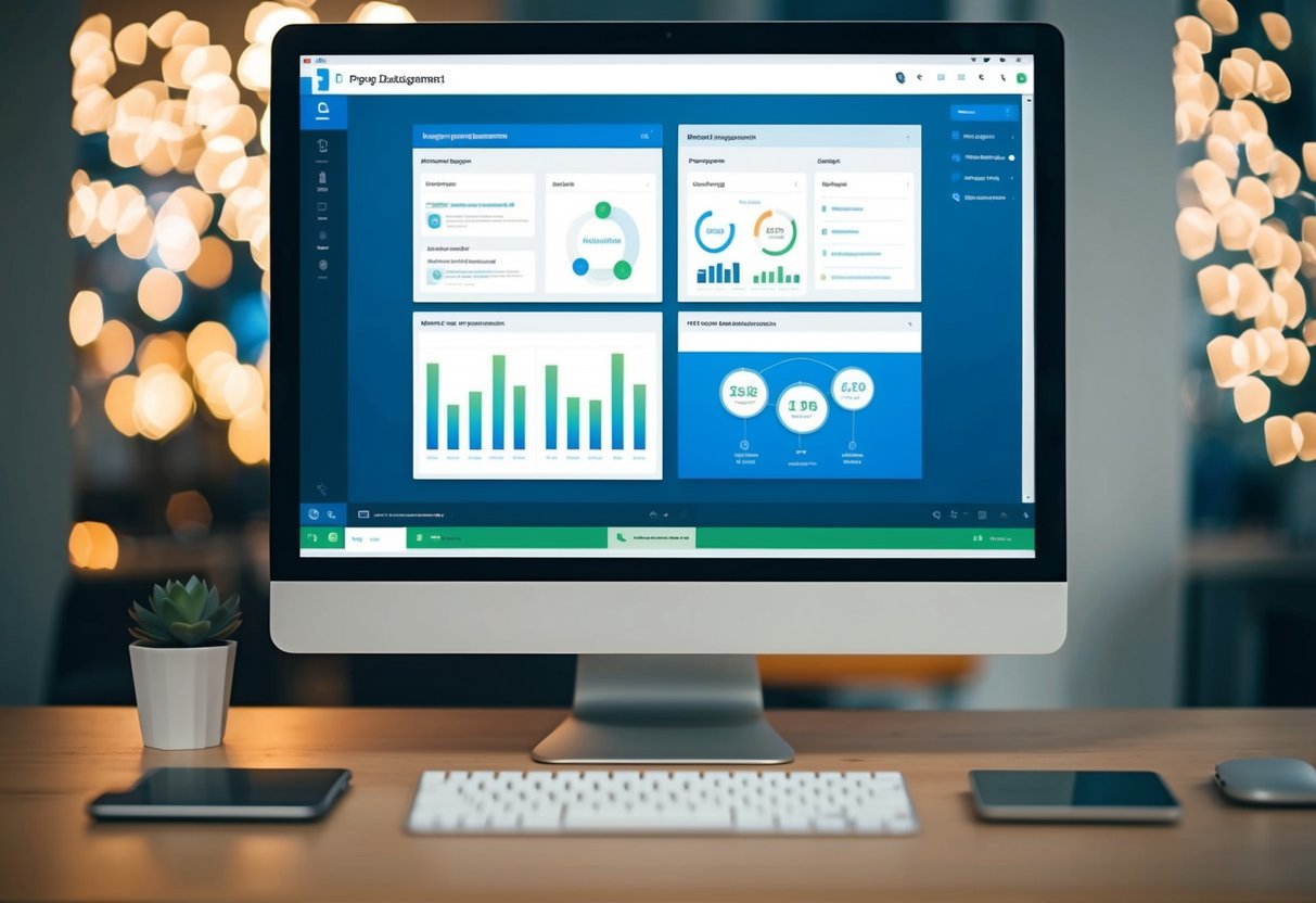 A computer screen displaying a customizable SaaS project management dashboard with various integrated tools and features