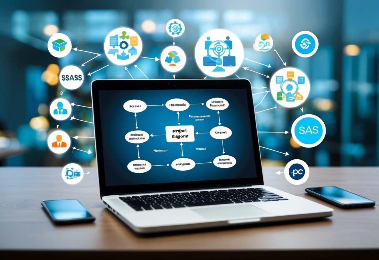 A laptop displaying a flowchart of project management methodologies, surrounded by various SaaS logos