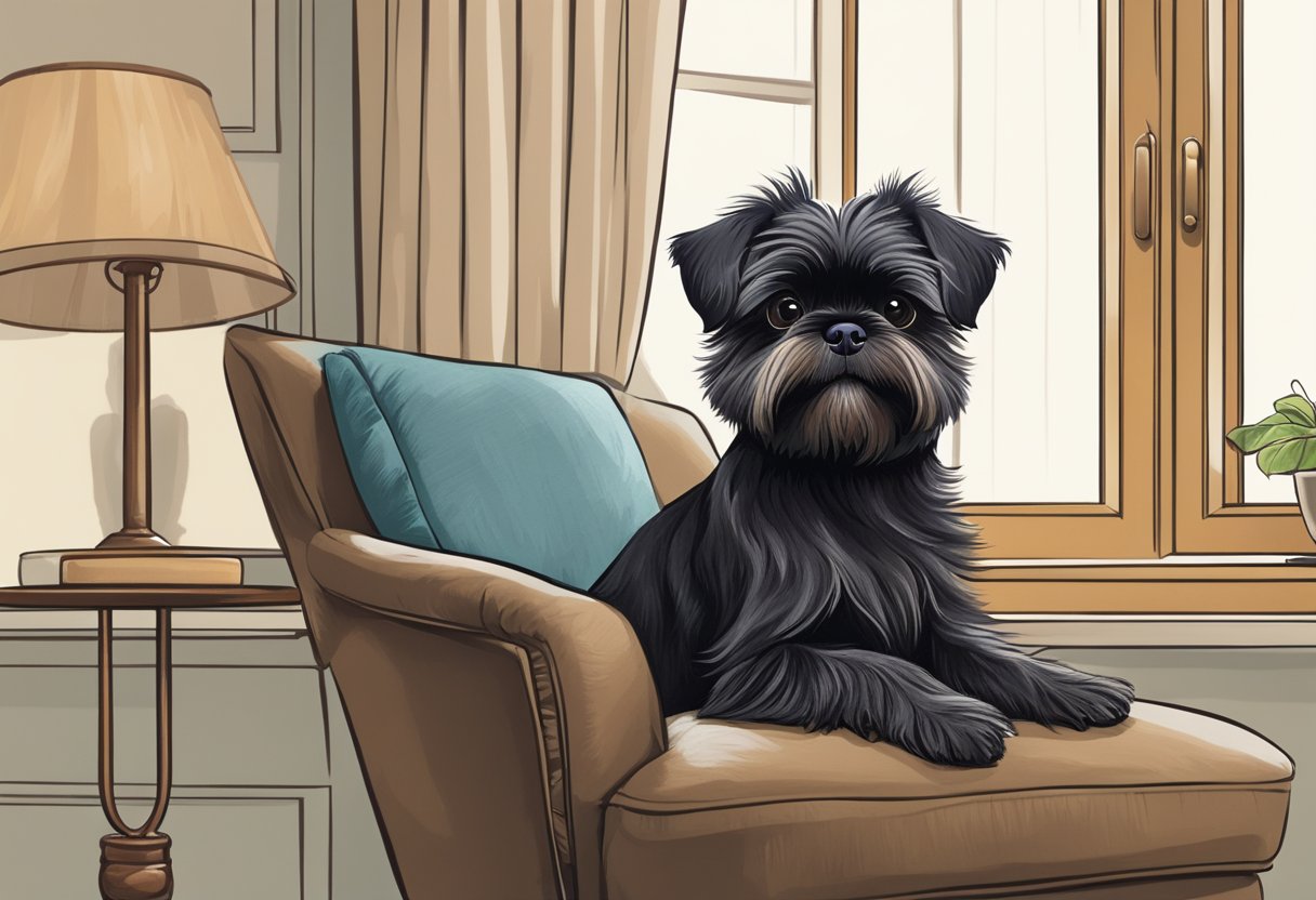 A small Affenpinscher dog sitting on a cushioned chair, looking out a window at a passing squirrel