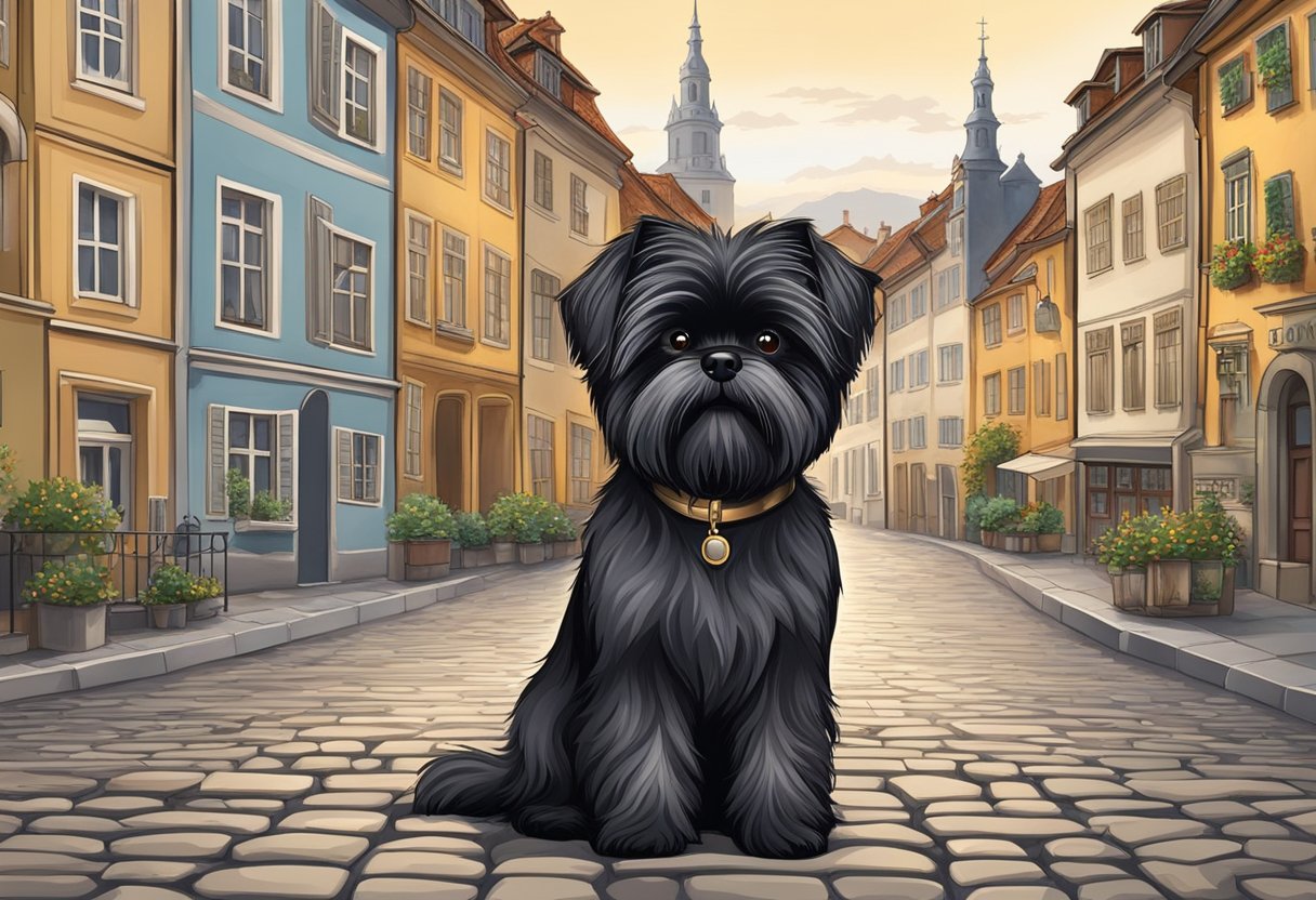 An Affenpinscher stands proudly in front of a historical European cityscape, with cobblestone streets and traditional buildings in the background