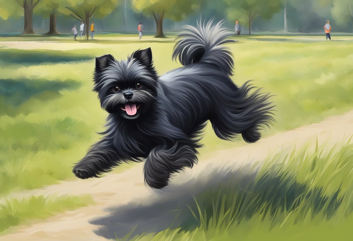 An Affenpinscher dog playfully chasing a ball in a park, wagging its tail and barking with excitement