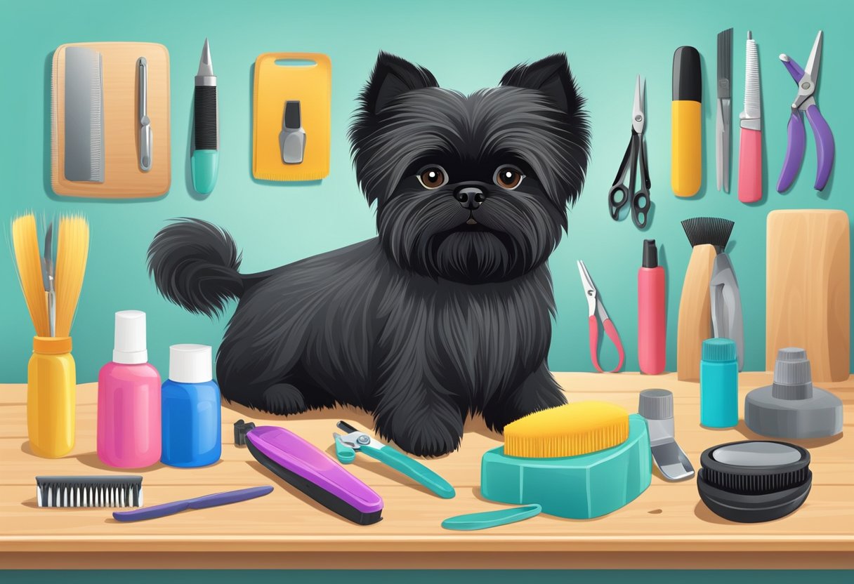 An Affenpinscher dog being groomed with a brush and nail clippers on a table with various grooming tools and products nearby