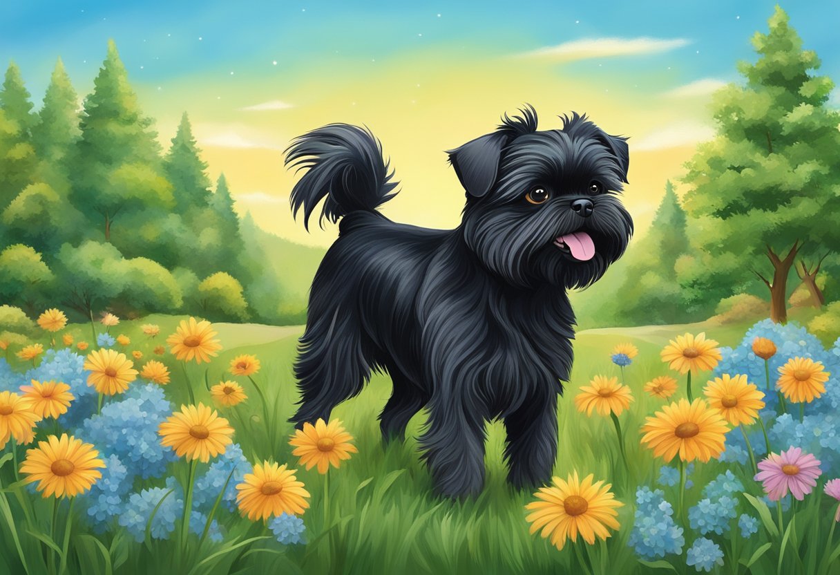 An Affenpinscher dog playing in a park, surrounded by greenery and flowers, with a bright blue sky in the background