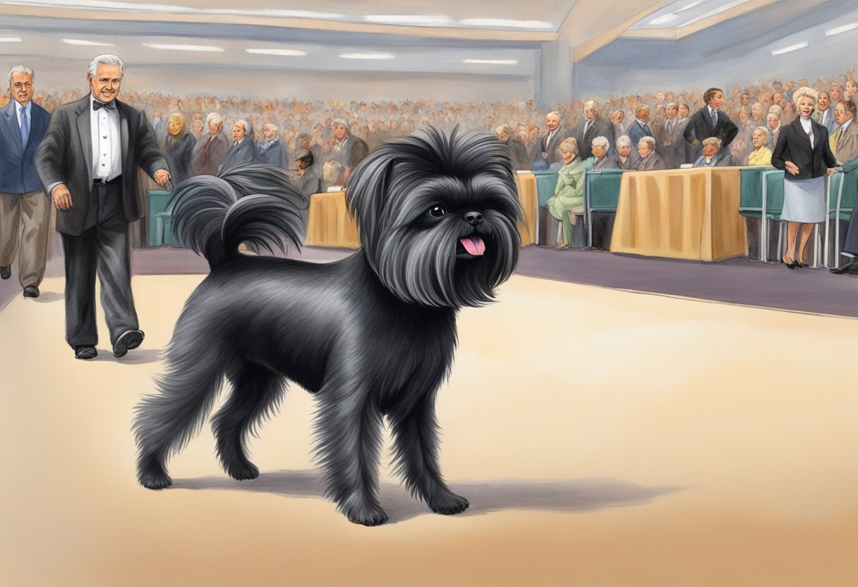 An Affenpinscher dog confidently struts across the show ring, tail held high, while judges observe its performance