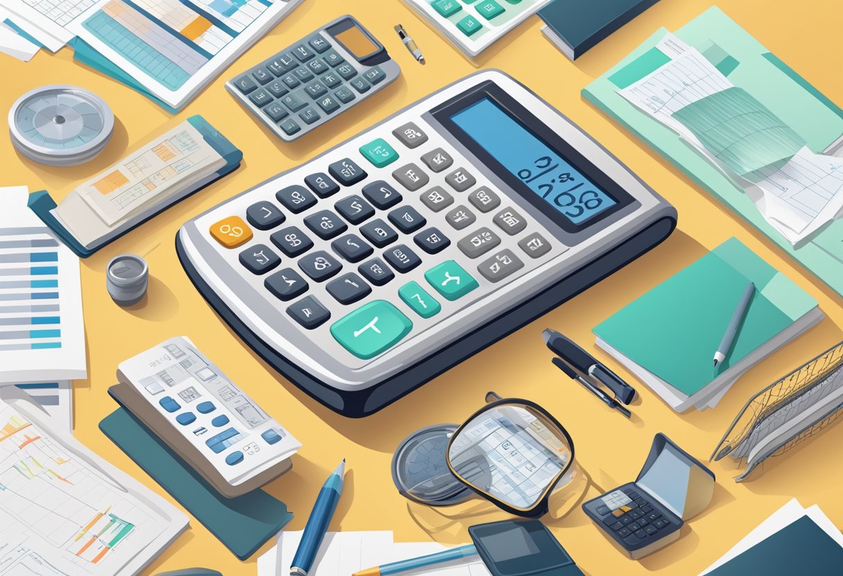 A calculator with retro design elements and disability-related symbols, surrounded by paperwork and financial documents