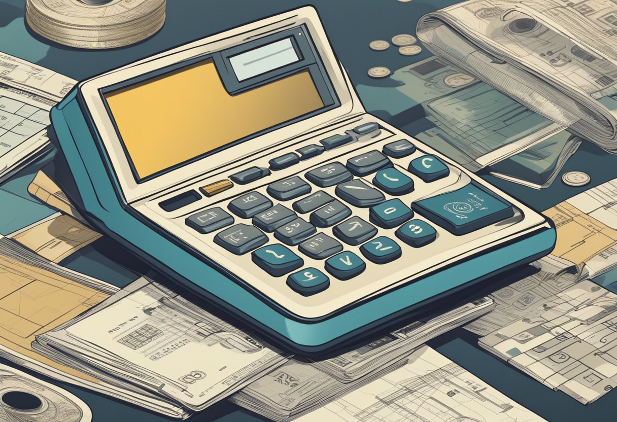 A calculator surrounded by retro-themed elements, such as old technology and vintage patterns, with a payment check appearing in the background