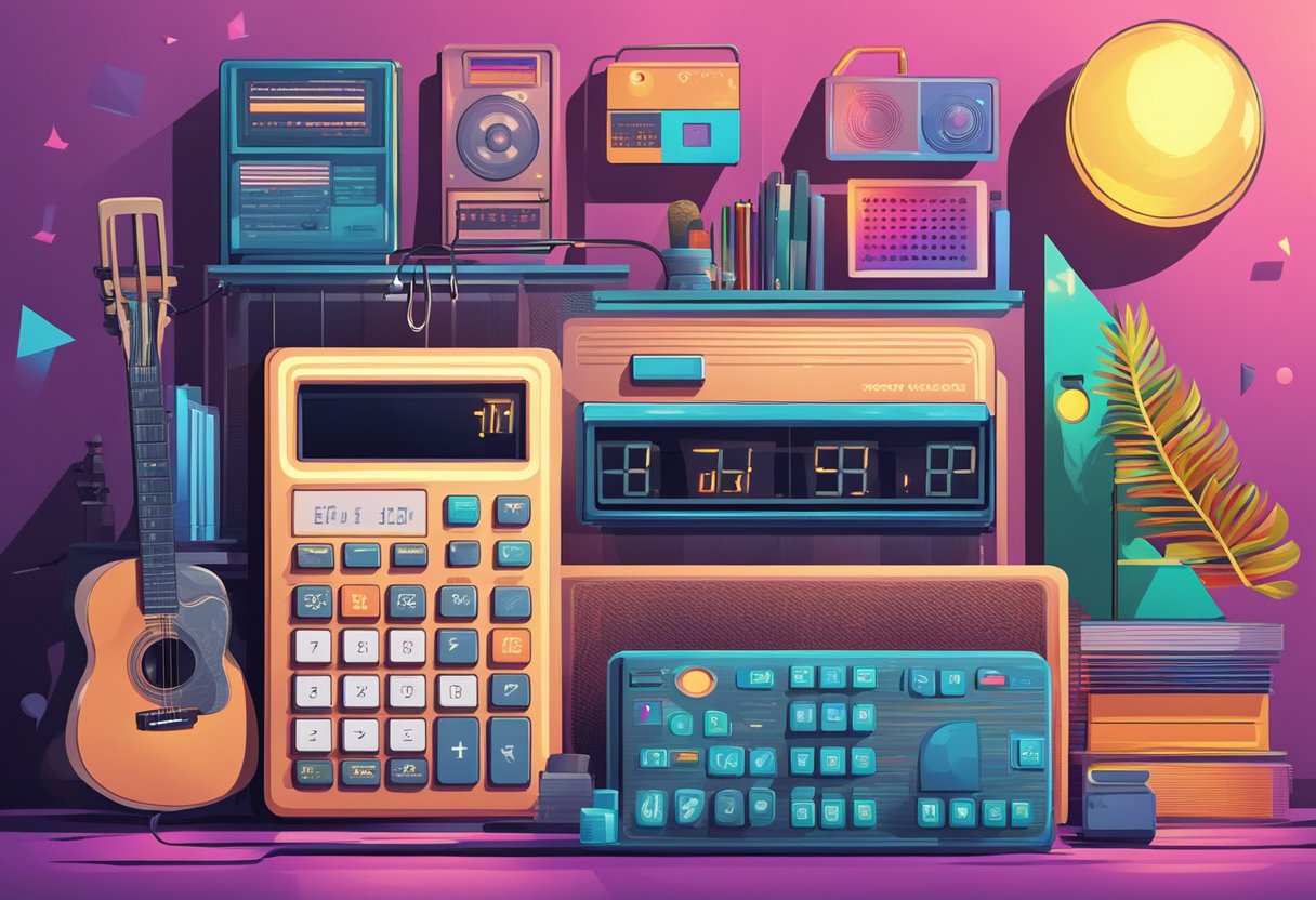 A calculator surrounded by retro-themed elements like vinyl records, neon lights, and vintage posters, with a spotlight shining on it