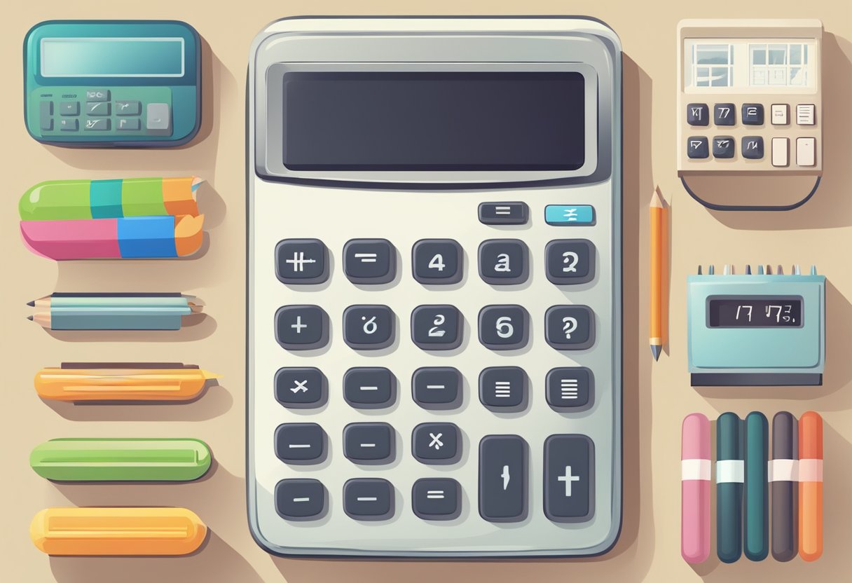 A calculator surrounded by retro-themed elements and frequently asked questions