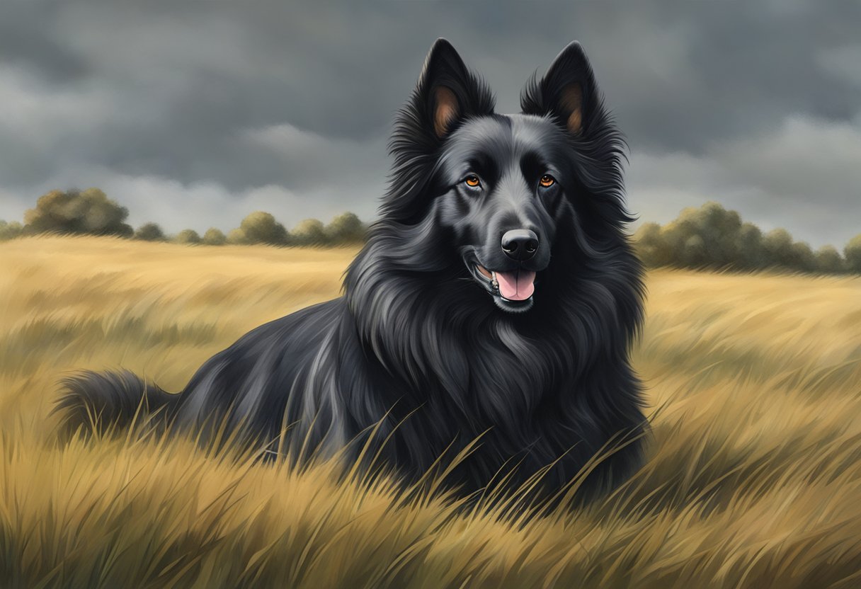 A Belgian Sheepdog stands alert in a grassy field, its long, black fur blowing in the wind as it gazes out with intelligent eyes