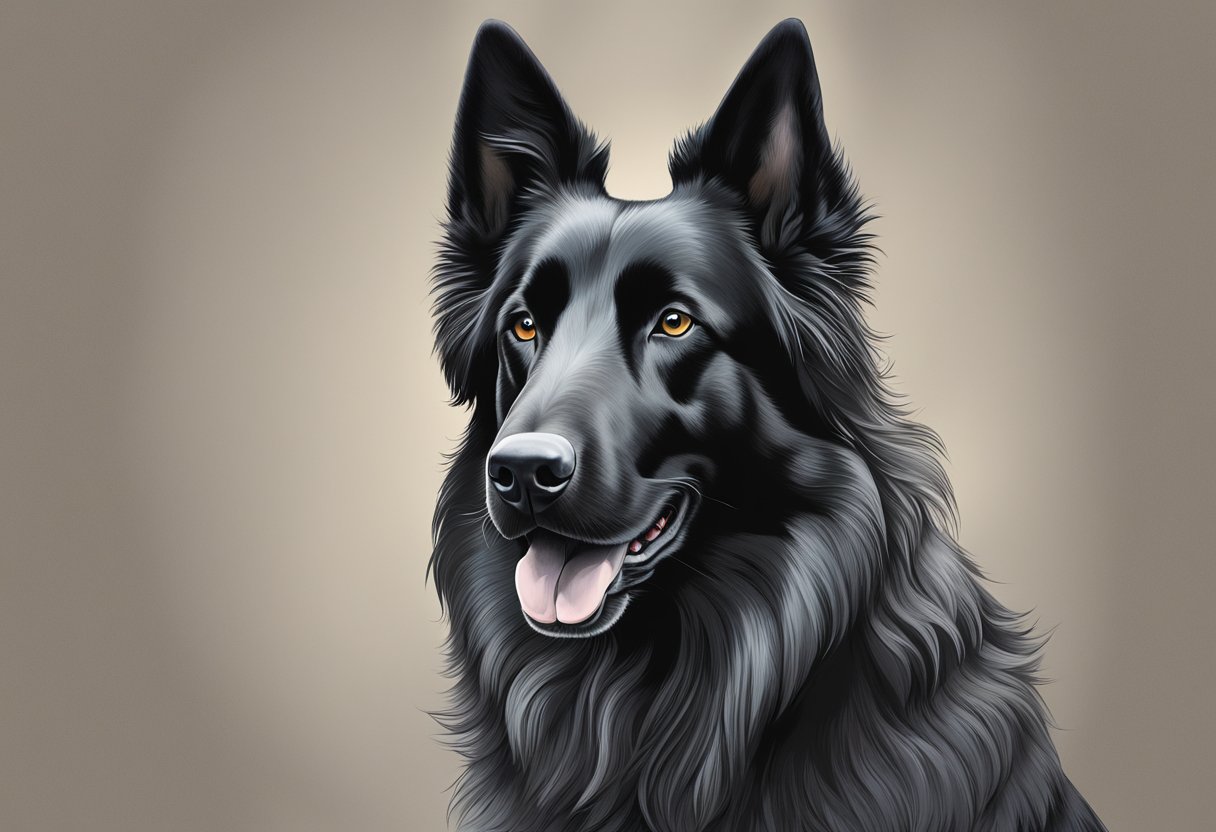 A Belgian Sheepdog stands tall, with a thick, black coat and a proud, alert expression. Its ears stand erect and its intelligent eyes gaze attentively