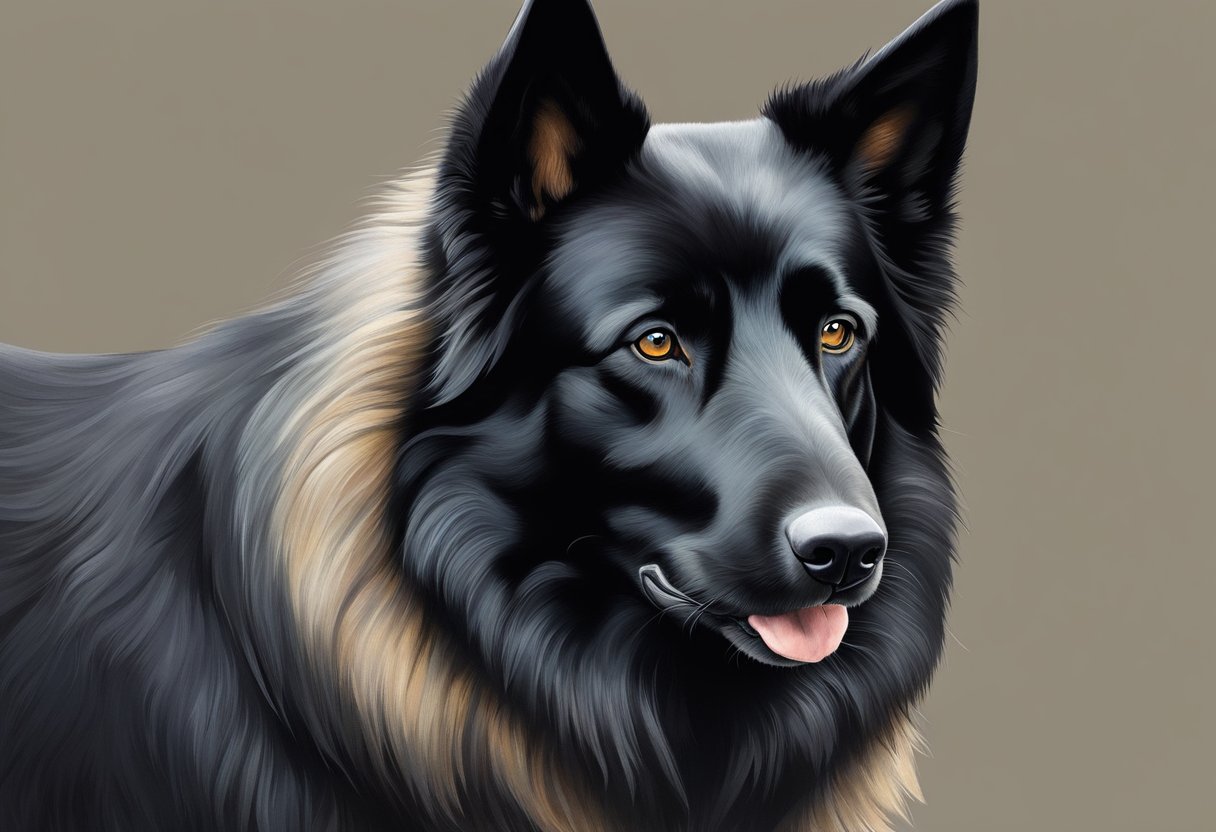 A Belgian Sheepdog stands alert, ears perked and tail raised, gazing intently at something in the distance. The fur is sleek and black, with a confident and intelligent expression