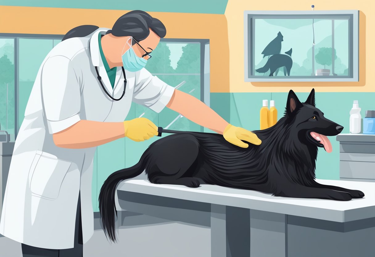 A Belgian Sheepdog dog being groomed and examined by a veterinarian in a bright and clean veterinary clinic