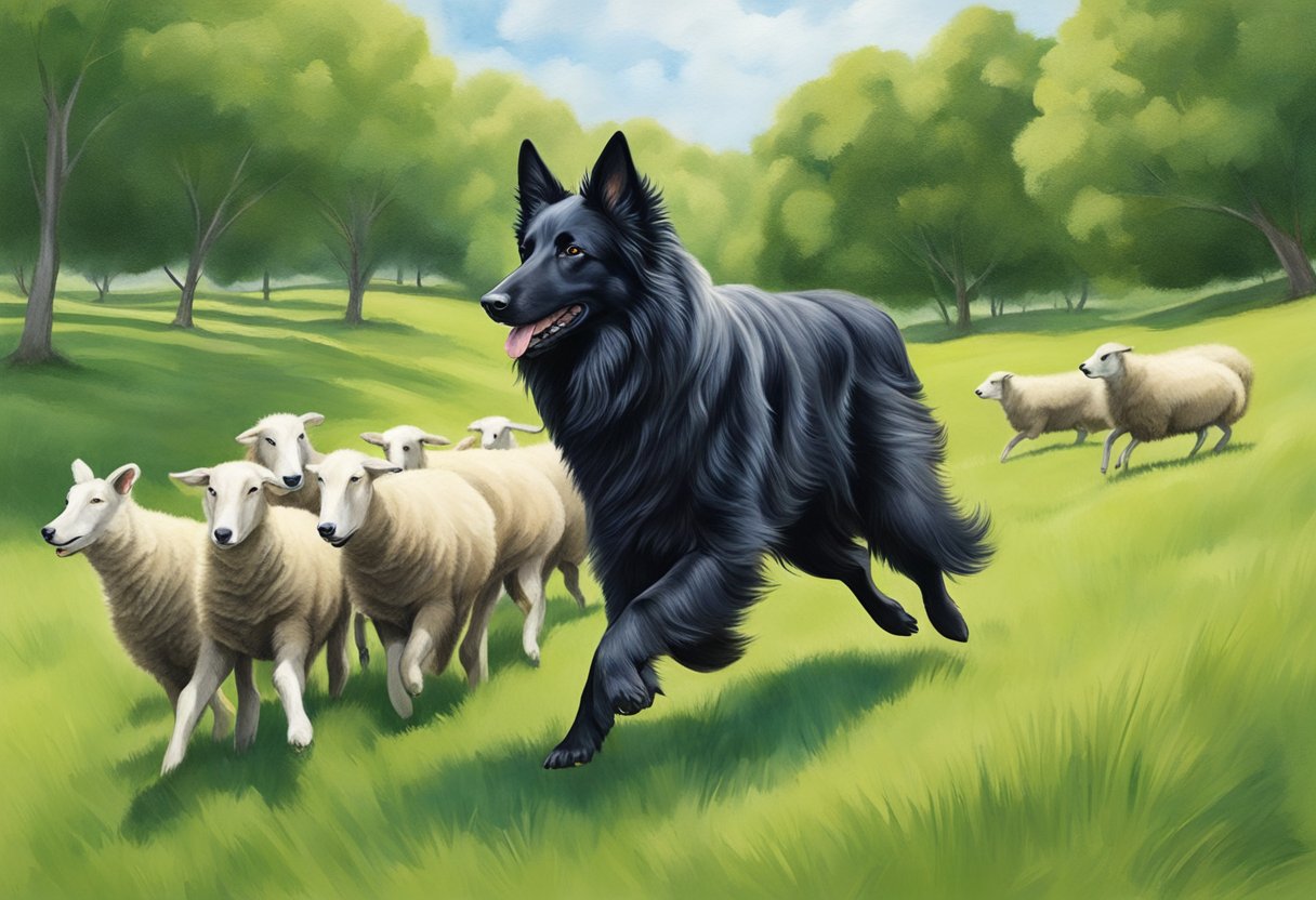 A Belgian Sheepdog herding sheep in a green pasture