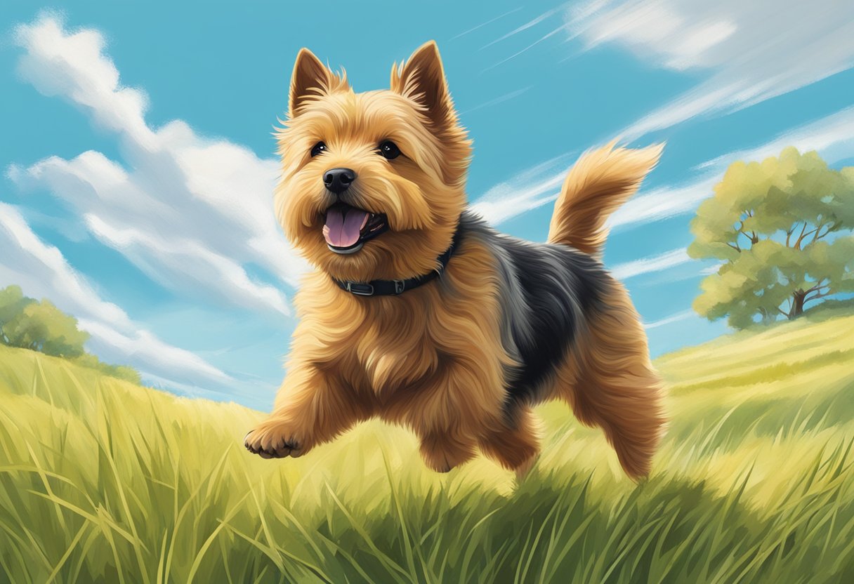 A Norwich Terrier dog playing in a grassy field, with a bright blue sky and a few fluffy white clouds in the background