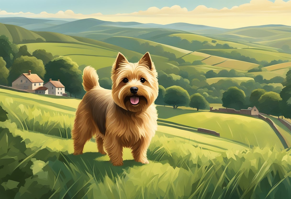 A Norwich Terrier stands proudly in a lush English countryside, surrounded by rolling hills and a quaint village in the distance