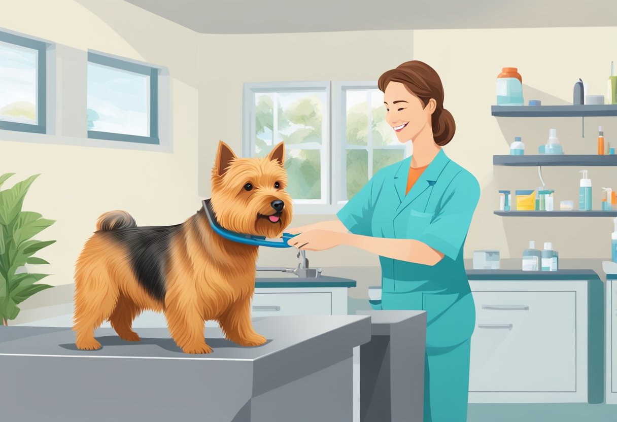 A Norwich Terrier dog being groomed and examined by a veterinarian in a bright and clean clinic