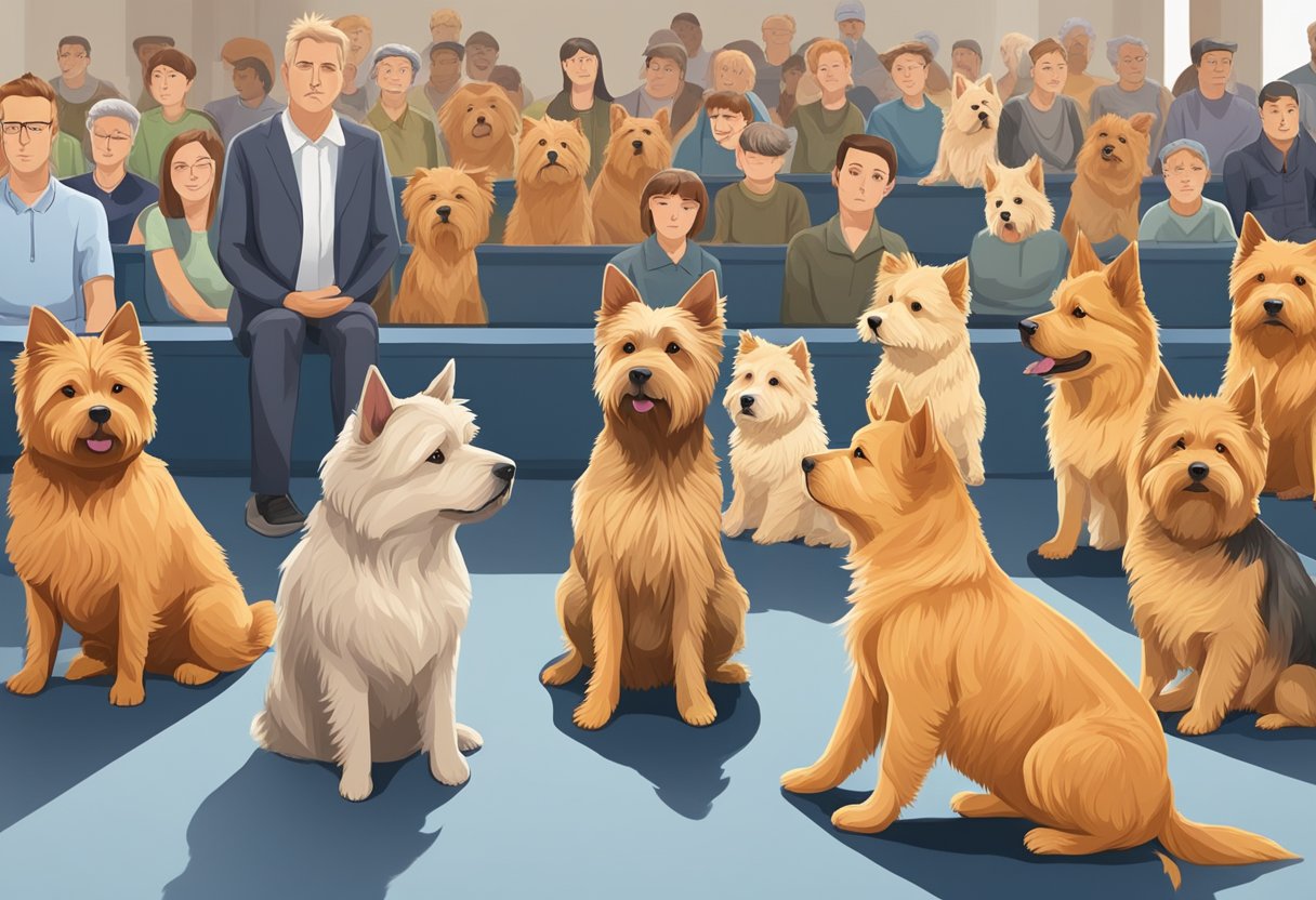 A Norwich Terrier dog sits attentively, ears perked, in a training class surrounded by other well-behaved dogs