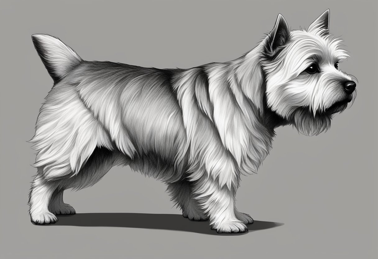 A Norwich Terrier stands alert, with a compact body, wiry coat, and prick ears, exuding confidence and intelligence