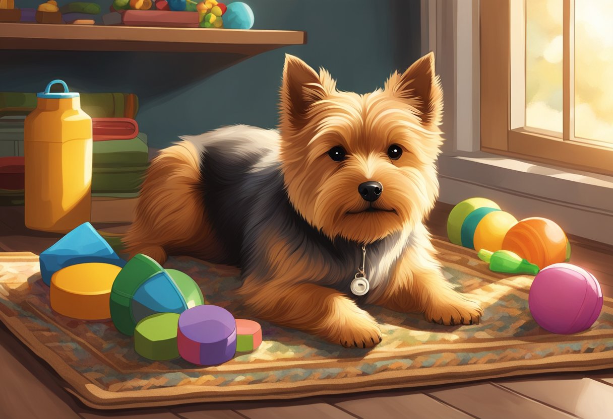 A Norwich Terrier dog lounges on a cozy rug, surrounded by toys and a food dish. Sunlight streams in through a window, casting a warm glow on the scene