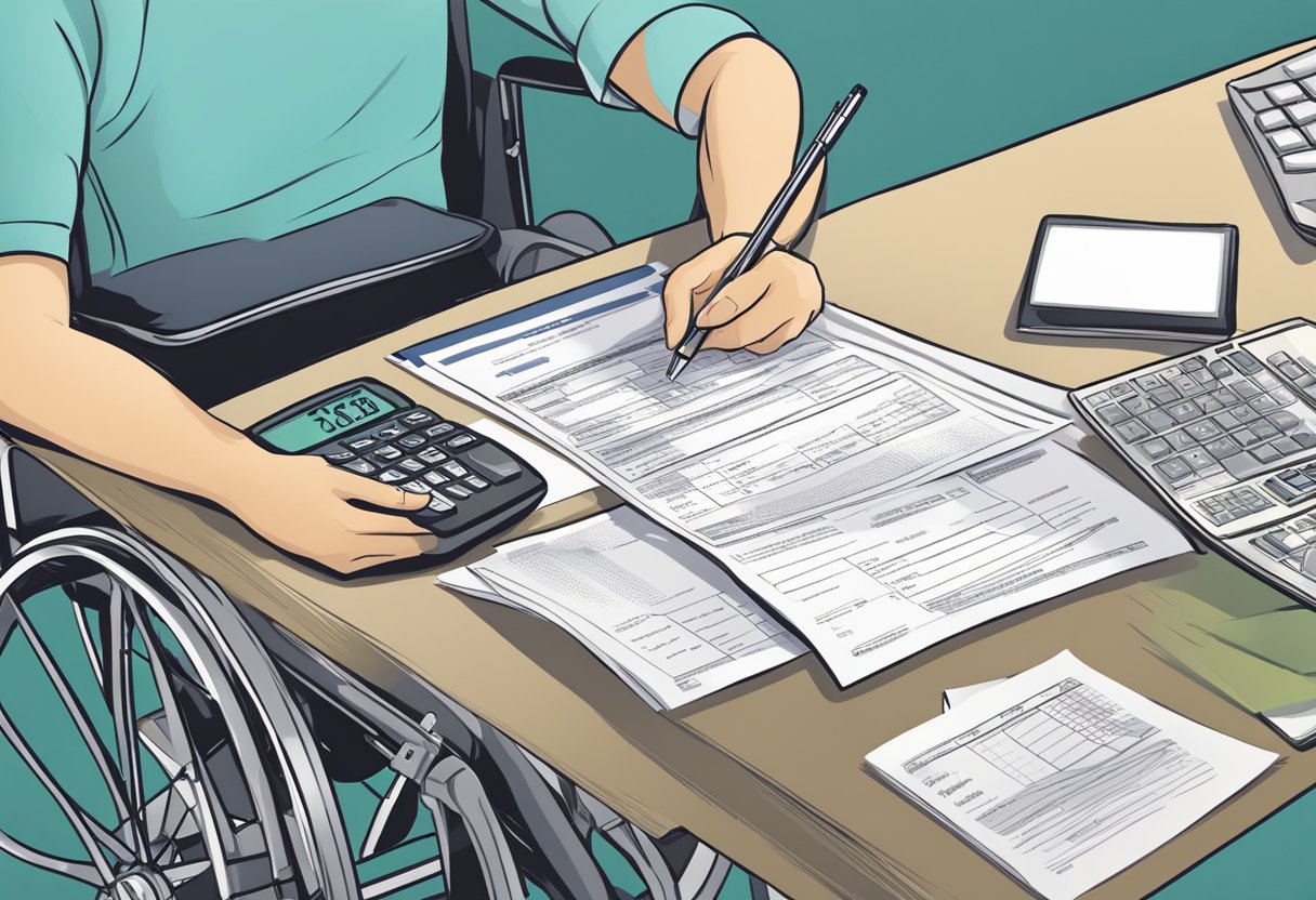 A person in a wheelchair filling out paperwork with a calculator and tax forms spread out on a table