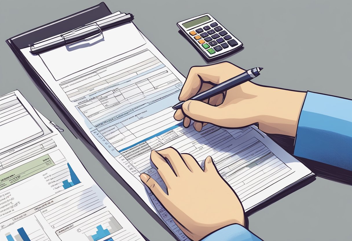 A person reviewing eligibility criteria documents with a calculator and pen