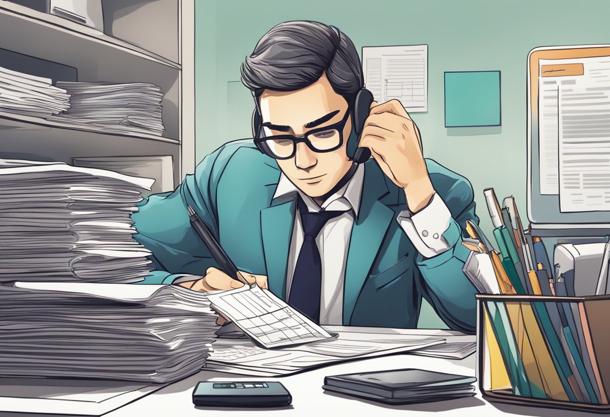 A person filling out forms at a desk, surrounded by paperwork and a calculator. A sense of determination and focus is evident