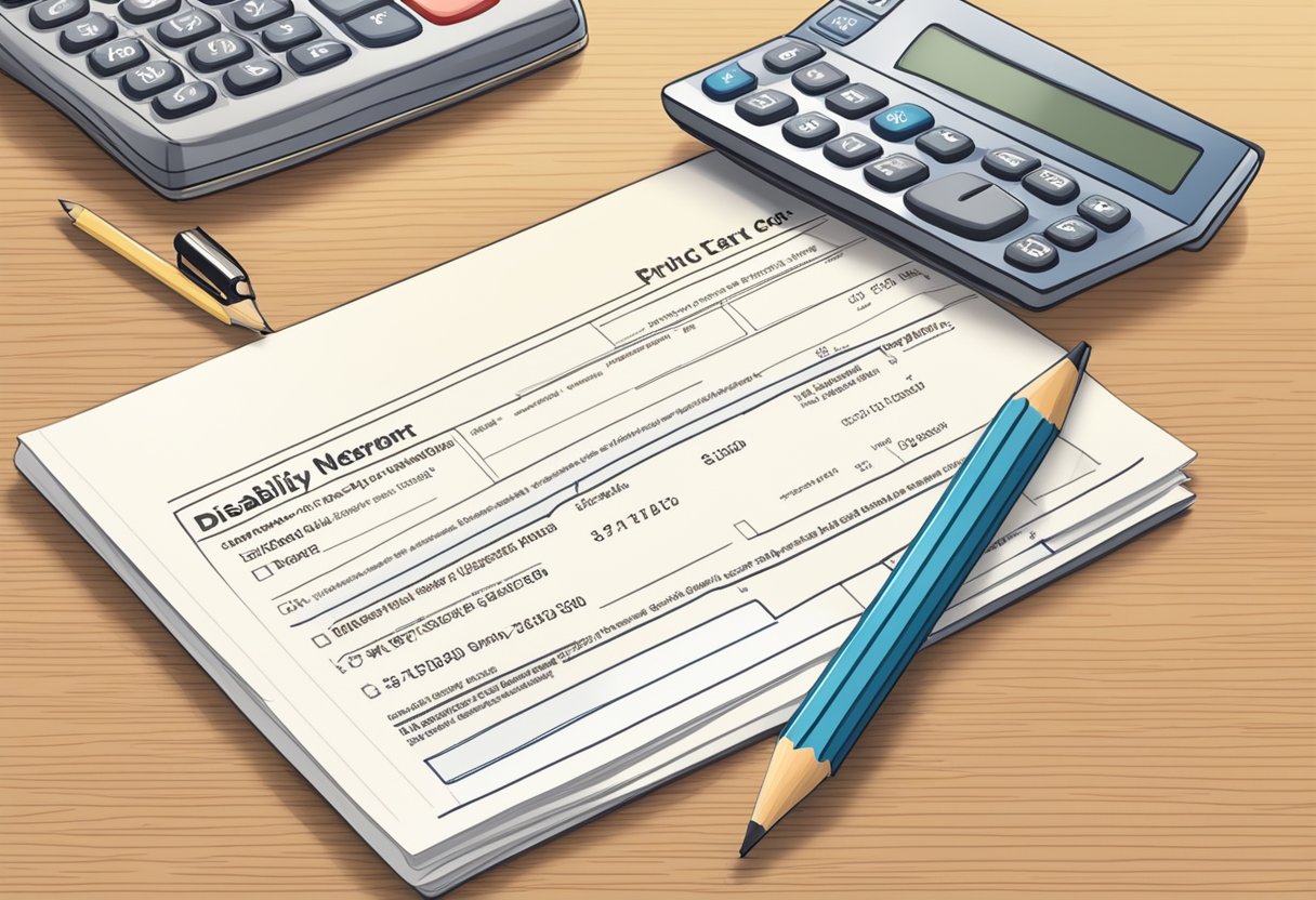 A calculator with the Disability Tax Credit form and a pencil on a desk