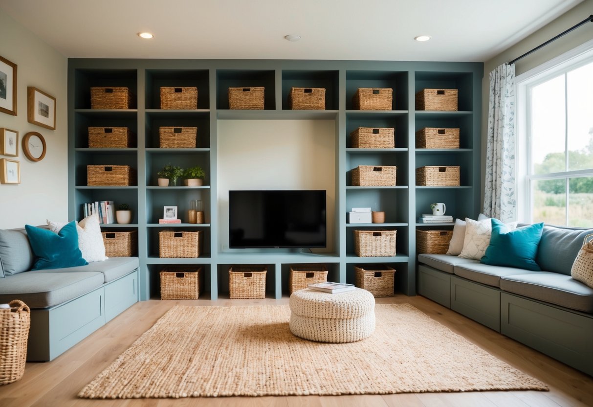 A cozy living room with built-in shelves, baskets, and wall-mounted storage units. A mix of open and closed storage solutions keep the space organized and clutter-free