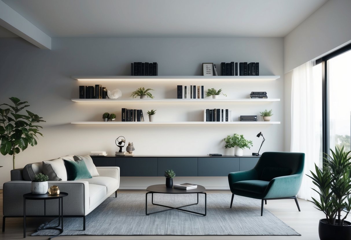 A modern living room with sleek, minimalist floating shelves displaying books, plants, and decorative items