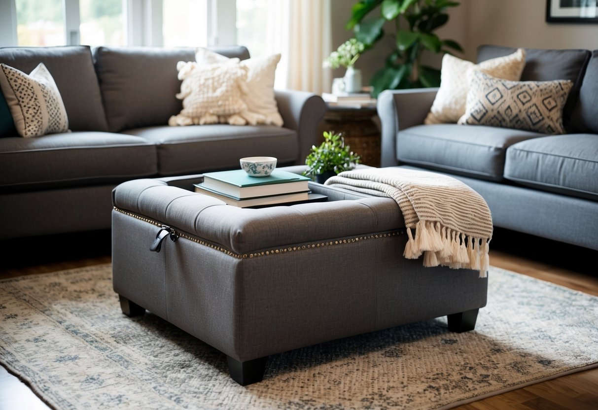 A cozy living room with a stylish ottoman doubling as storage. Books, blankets, and decorative items neatly tucked away inside