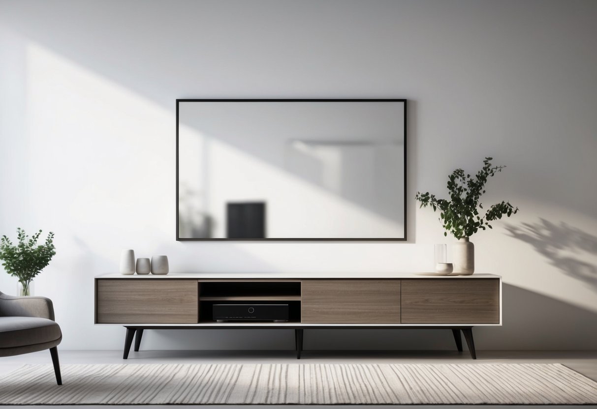 A modern media console cabinet in a minimalist living room with clean lines and neutral colors