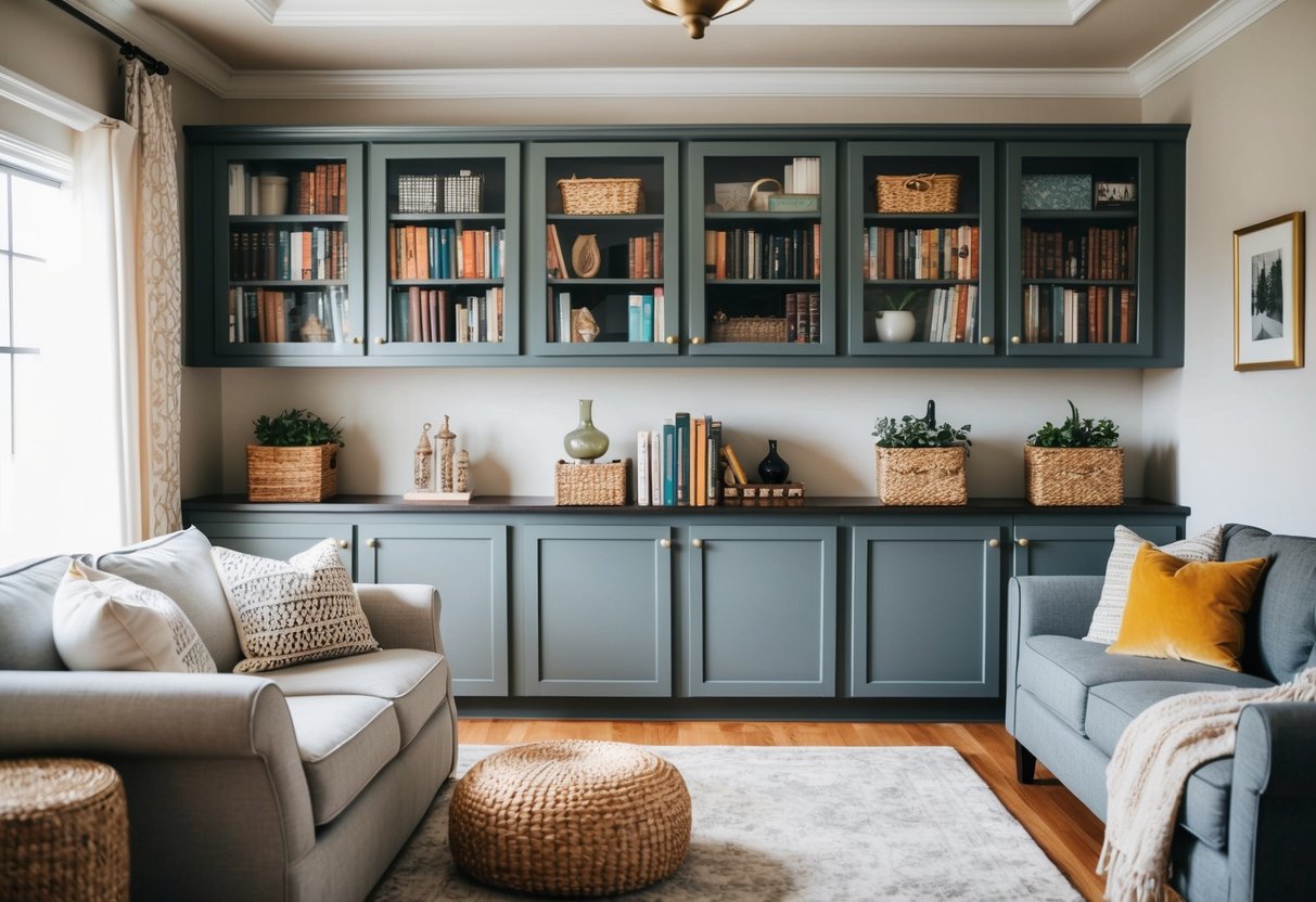 A cozy living room with wall-mounted cabinets filled with books, decorative items, and storage baskets. A comfortable seating area and a soft rug complete the inviting space