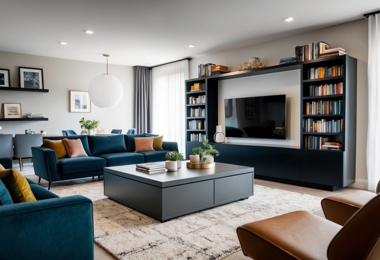 A modern living room with a sleek storage coffee table, surrounded by stylish seating and shelves filled with books and decor