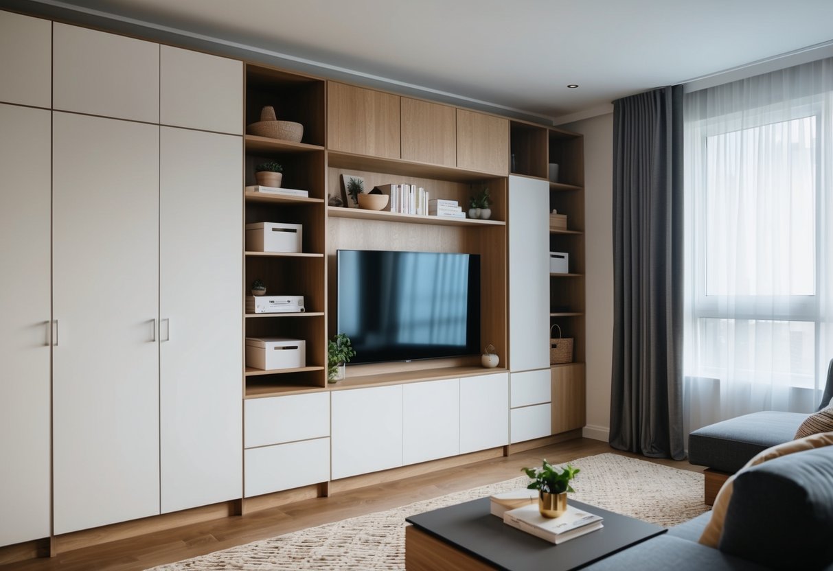 A living room with cleverly designed corner units for storage, featuring shelves, drawers, and stylish organization solutions