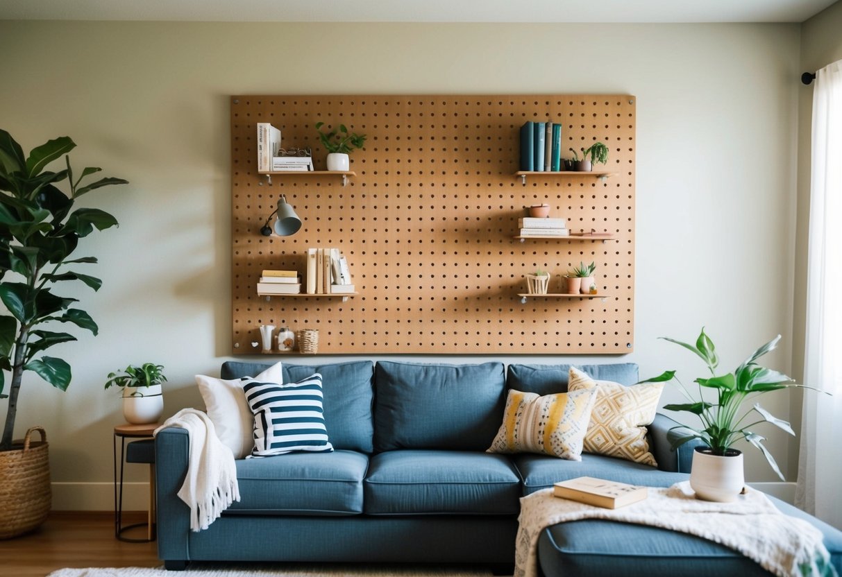 A living room with a pegboard organizer mounted on the wall, holding various items such as books, plants, and small decorative objects