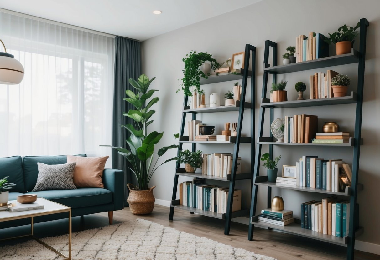 A cozy living room with a modern ladder shelf filled with books, plants, and decorative items