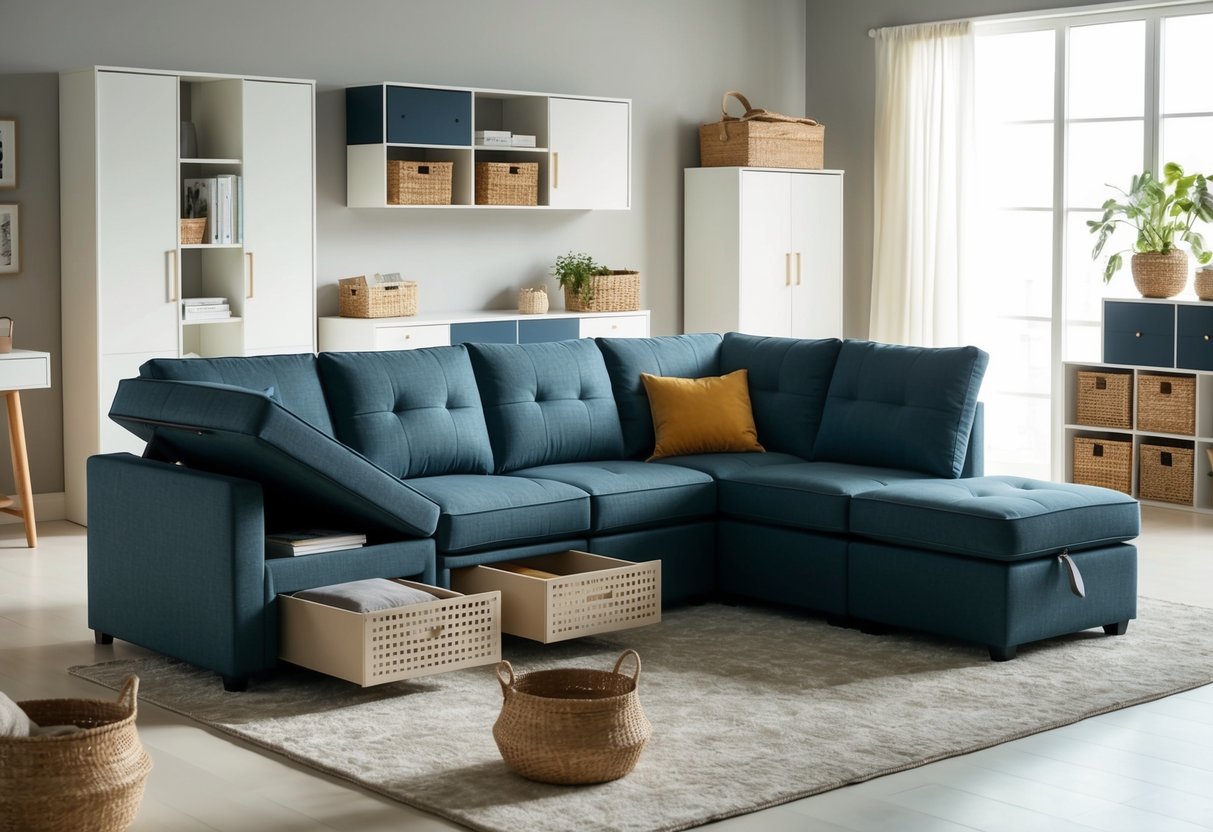 A modern sectional sofa with hidden storage compartments sits in a spacious living room, surrounded by various storage solutions such as shelves, cabinets, and baskets