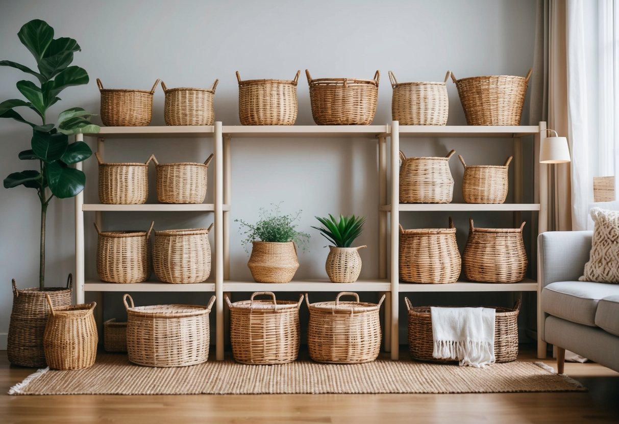 A cozy living room with various rattan baskets neatly organized on shelves and under tables for stylish storage solutions