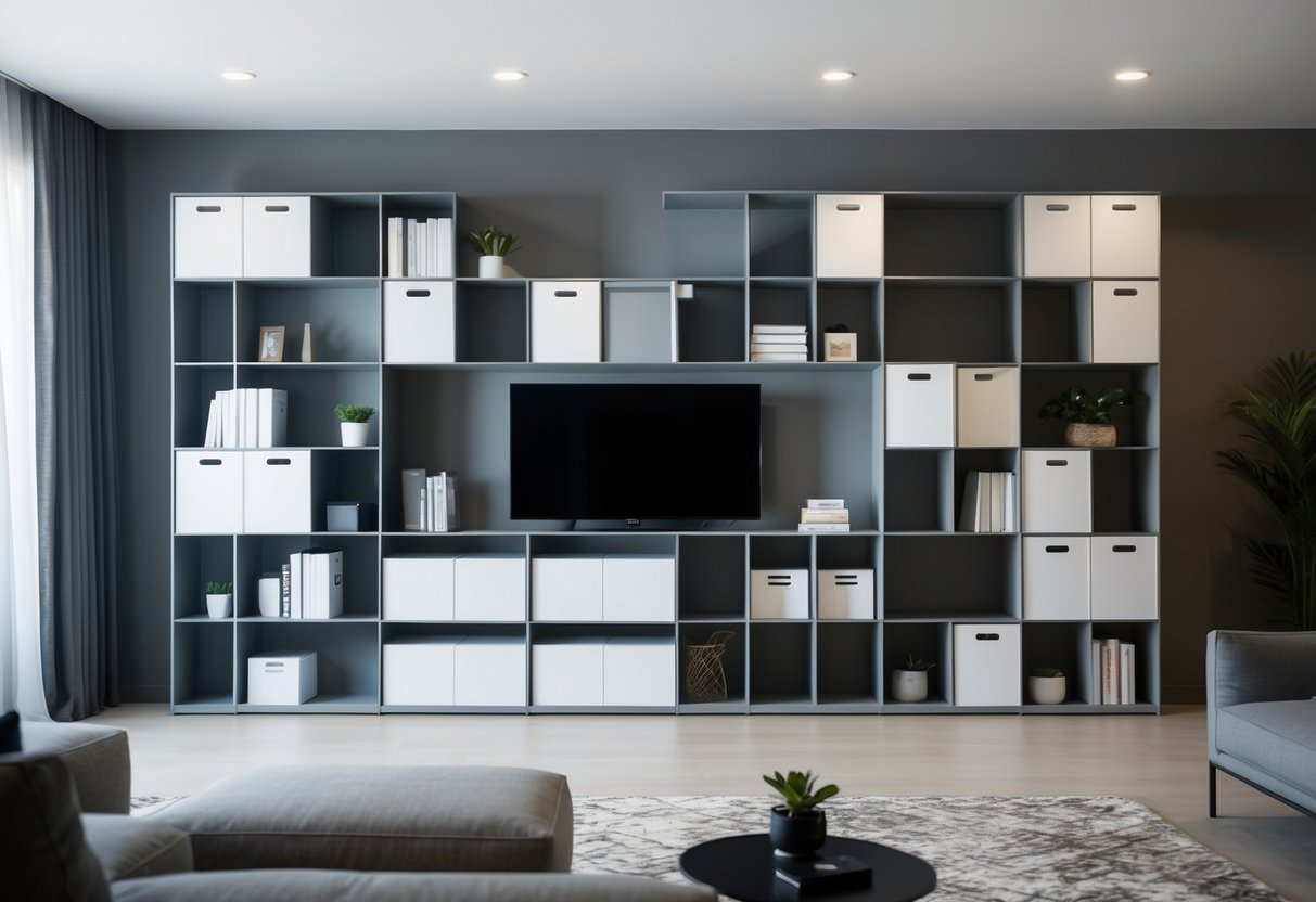 A sleek modular shelving system with various compartments and storage options, neatly organized in a modern living room setting