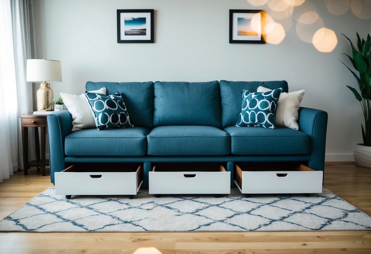 A living room with a sofa featuring under-sofa drawers for storage