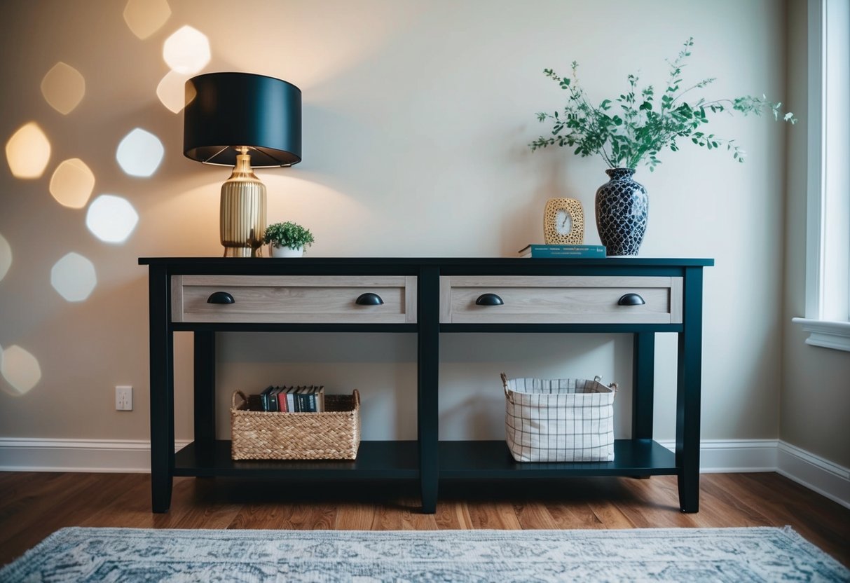 A console table with drawers sits against a living room wall, adorned with decorative items and providing storage space