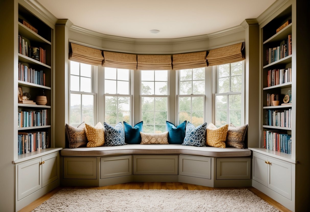 A cozy living room with a window seat featuring built-in storage, surrounded by books and decorative items