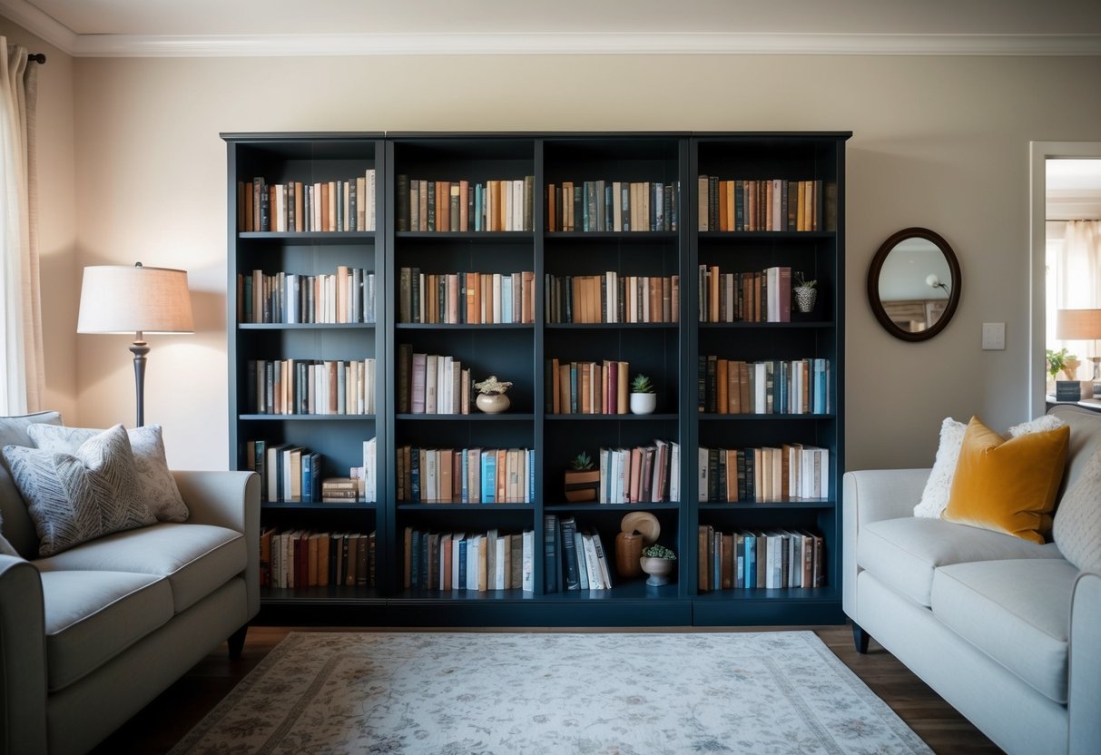 A bookcase with dividers filled with various items, surrounded by cozy living room furniture